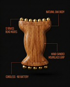 Specs infographic: oak wooden roller body, 12 brass bead nodes and hourglass grip