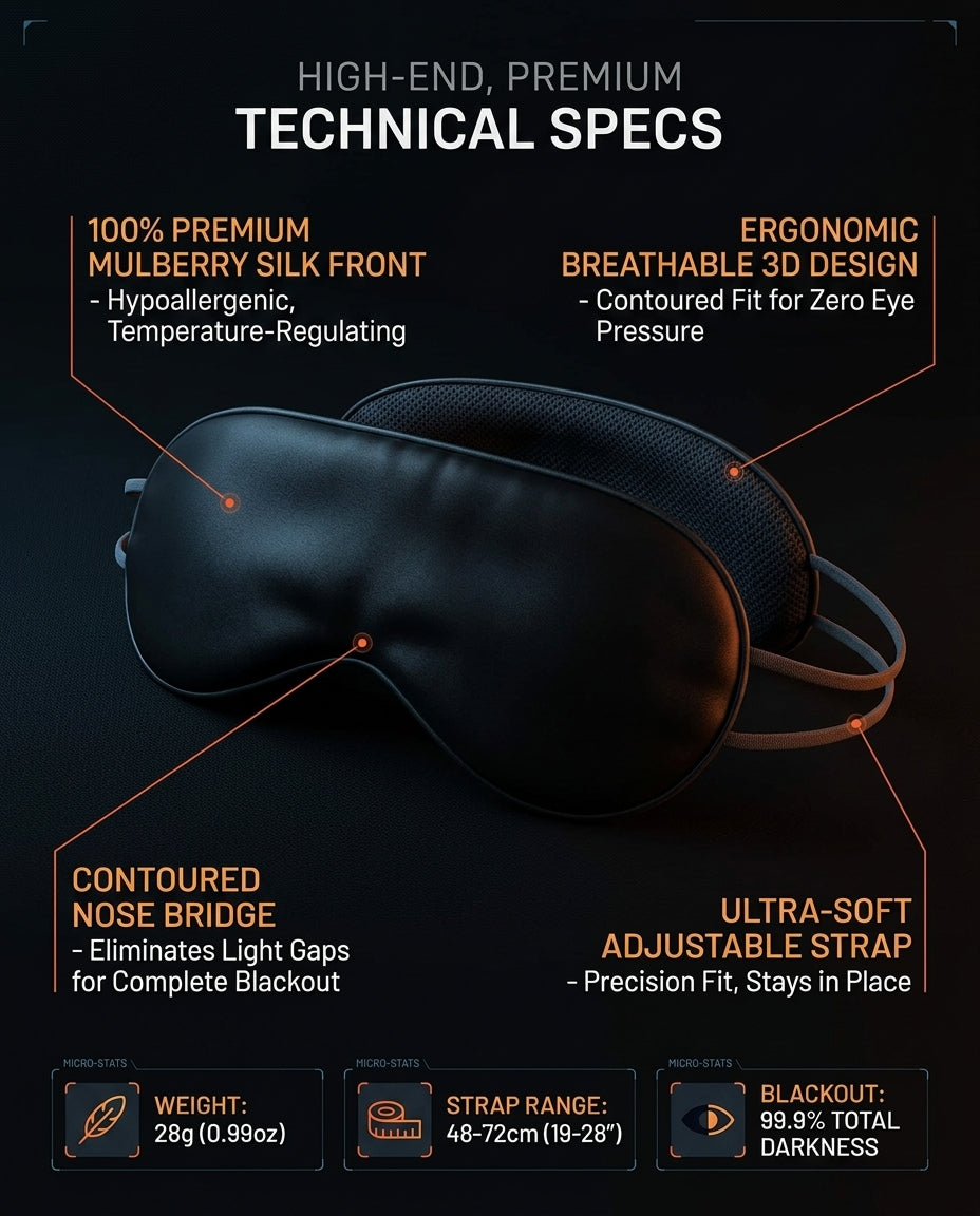 Technical specs infographic for the mulberry silk sleeping eye mask