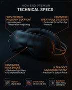 Technical specs infographic for the mulberry silk sleeping eye mask