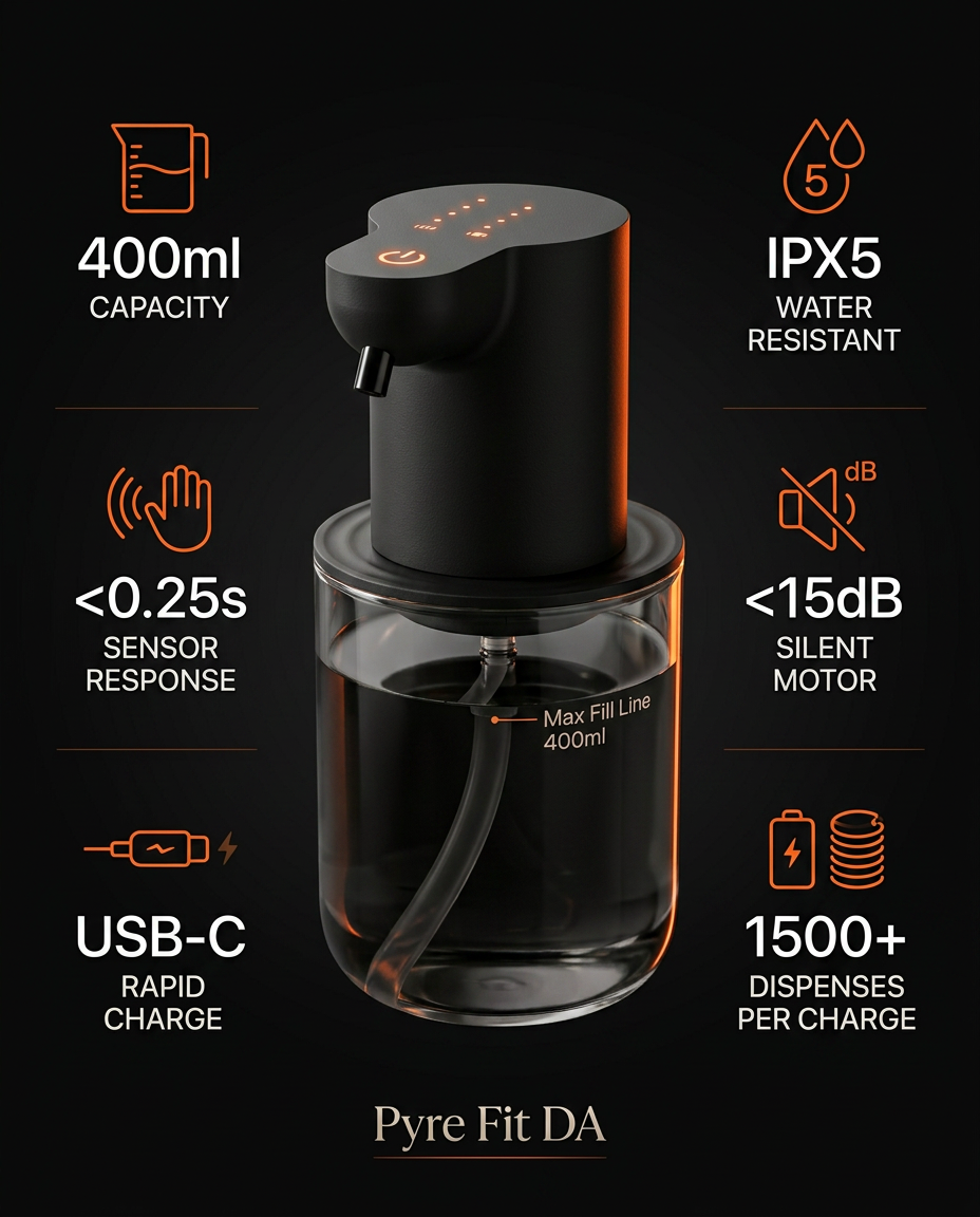 Spec infographic: 400ml, IPX5, USB-C charge, under 15 dB, 1500+ dispenses