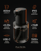 Spec infographic: 400ml, IPX5, USB-C charge, under 15 dB, 1500+ dispenses