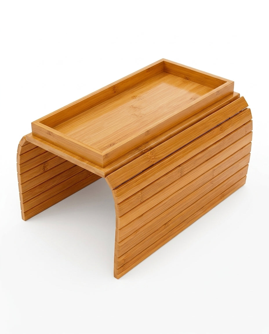 Flexible bamboo arm tray with a narrow rectangular tray, side view