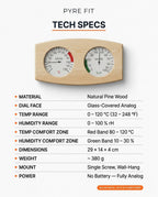 Tech specs sheet for pine sauna thermometer and hygrometer with dimensions