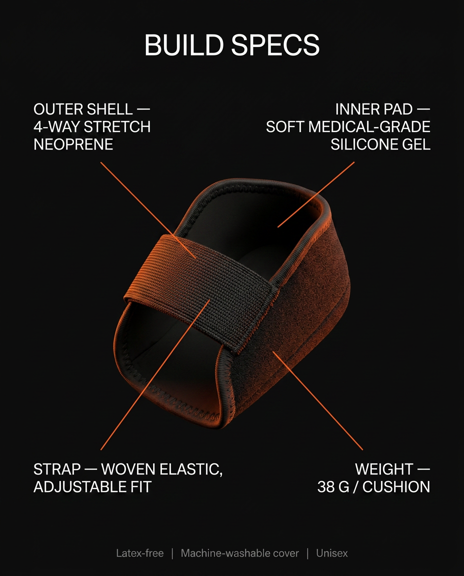 Build specs for the heel cushion: neoprene shell, gel pad, elastic strap, weight