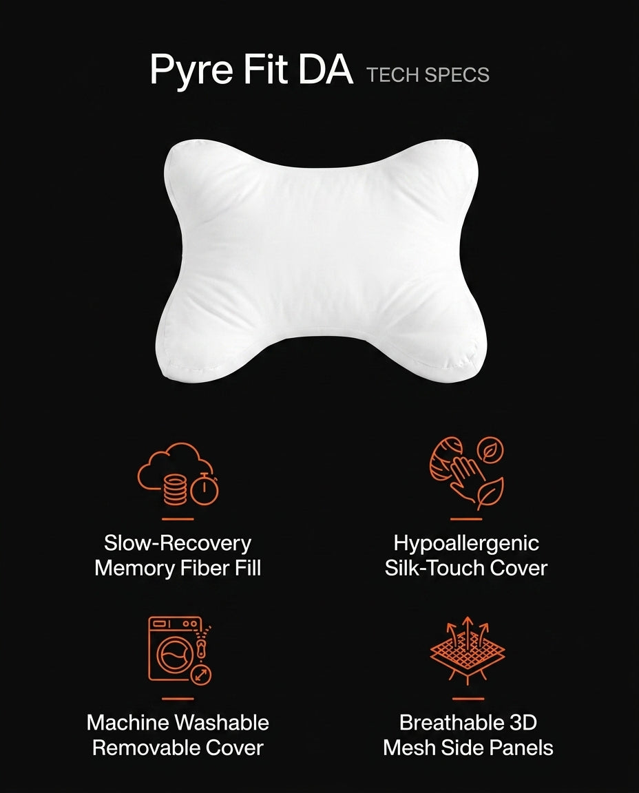 Tech specs sheet for the side support pillow with memory fiber fill icons