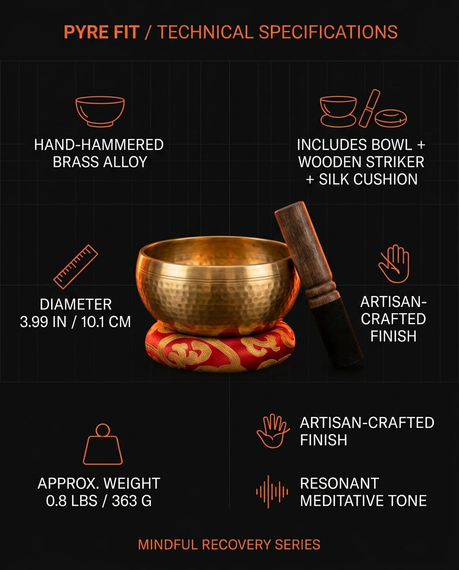 Tech specs infographic for the brass singing bowl, striker and silk cushion