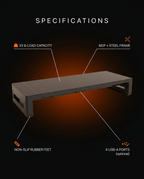 Specs infographic: 33 lb load, steel frame, non-slip feet, USB ports