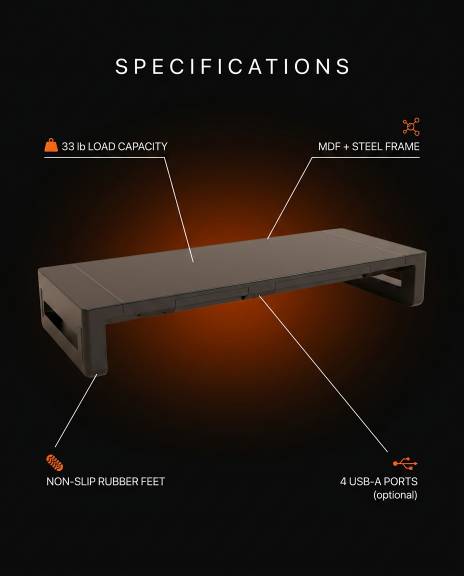 Specs infographic: 33 lb load, steel frame, non-slip feet, USB ports