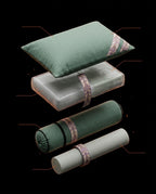 Exploded view of the support pillow: linen cushion, foam core, bolster cover and inner roll