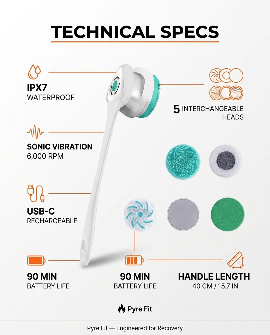 Cleansing brush specs: IPX7 waterproof, 6,000 RPM sonic, USB-C, 90-min battery, 5 heads