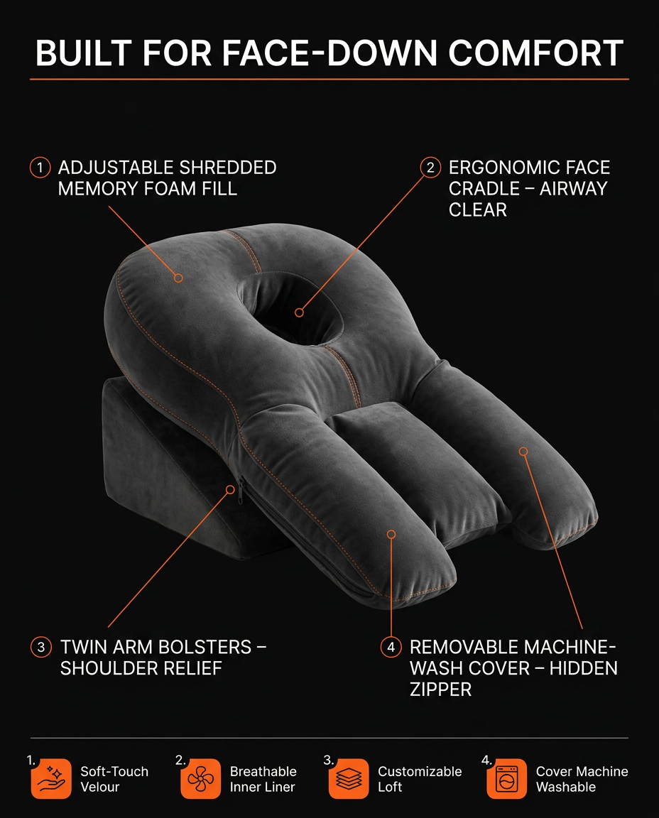 Tech specs infographic of the face-down support pillow with feature callouts