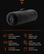 Tech specs infographic for the velvet bolster cover, core and closure