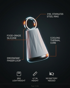 Spec infographic: 316L steel ring, silicone body, cooling core, 95g face tool, no battery