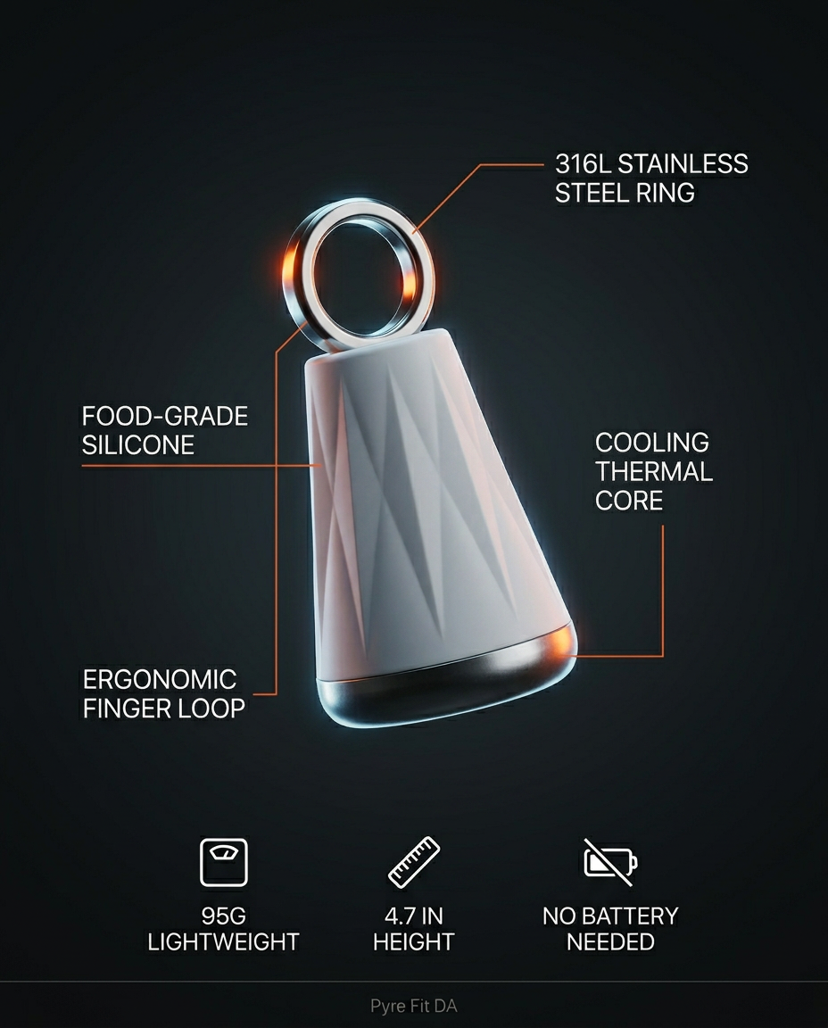 Spec infographic: 316L steel ring, silicone body, cooling core, 95g face tool, no battery