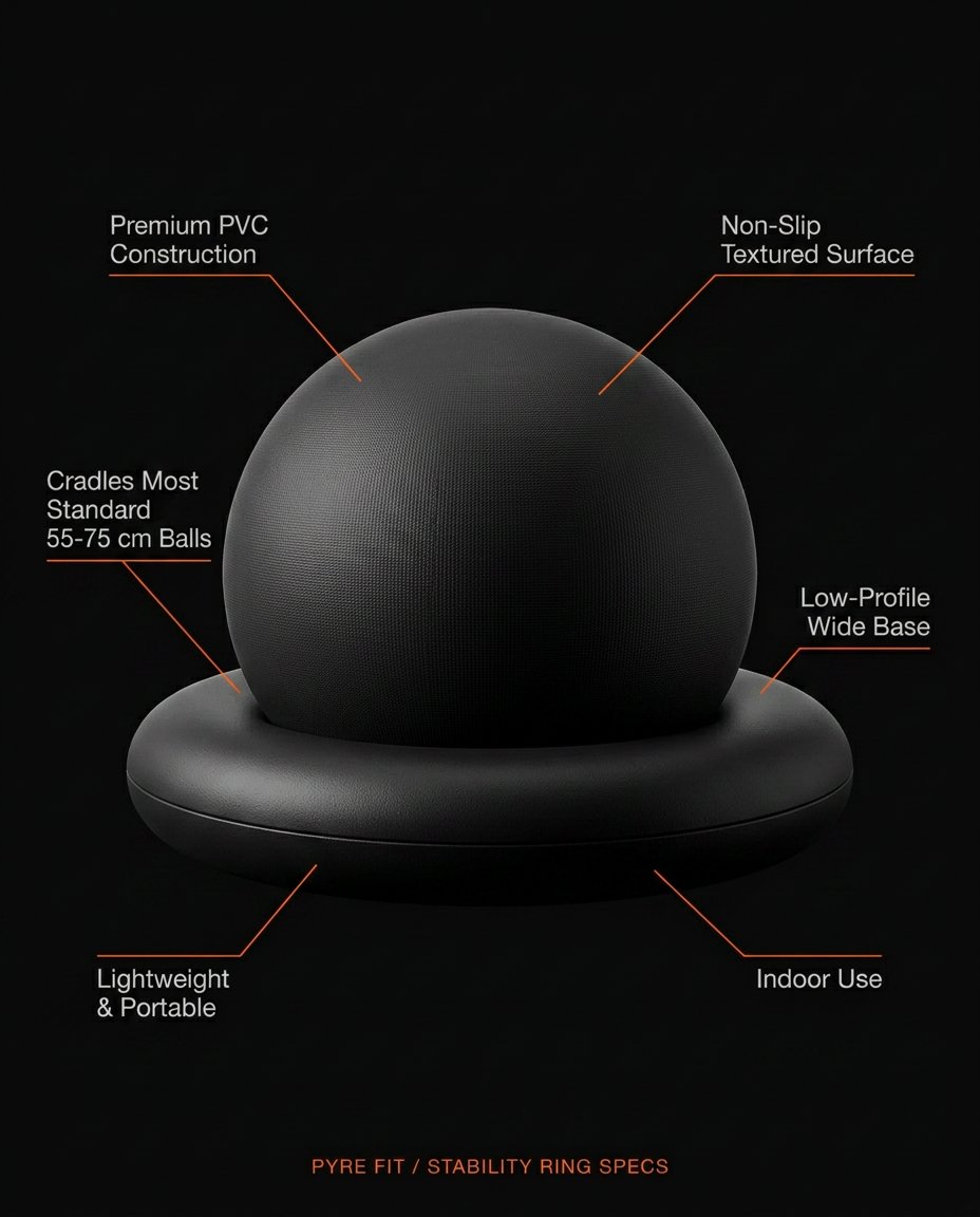 Spec callouts for the stability ring: PVC build, non-slip surface, wide low base