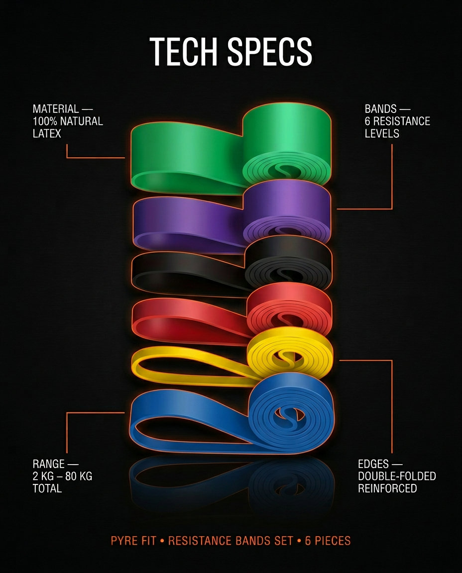 Tech specs graphic for the six-piece natural latex resistance band set