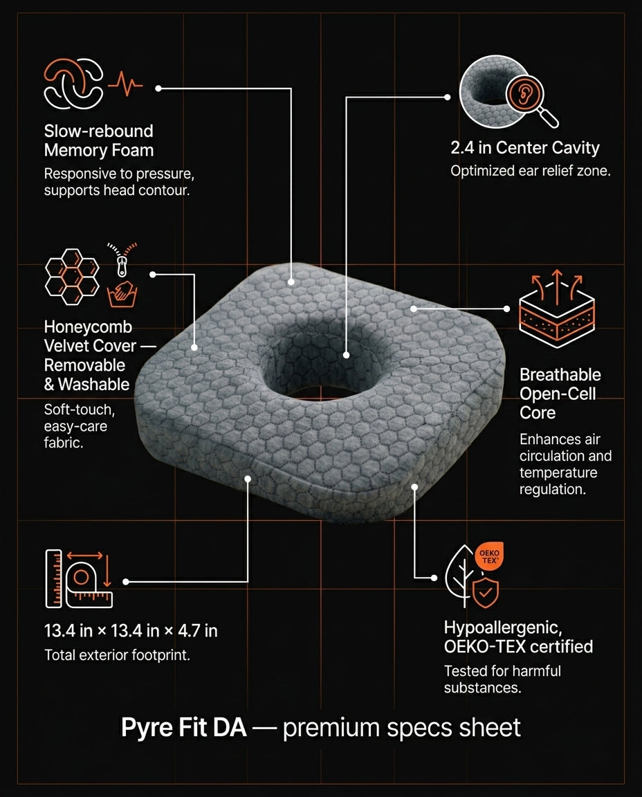 Premium specs sheet for the honeycomb memory foam ear piercing pillow
