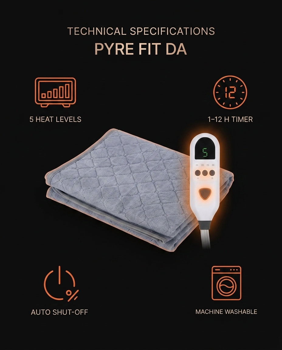 Spec sheet listing the heated pad's heat levels, timer and auto shut-off