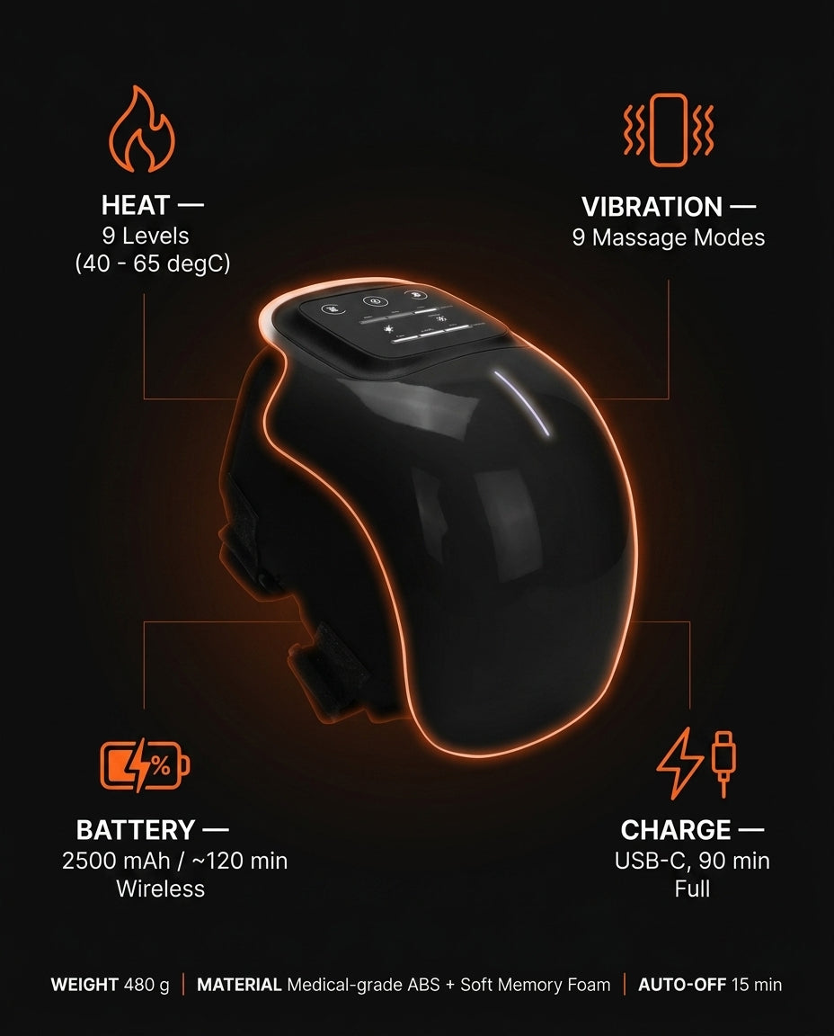 Knee massager tech specs: 9 heat levels, 9 massage modes, USB-C battery