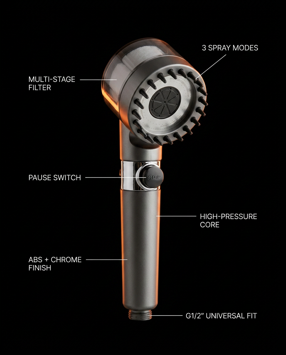 Tech specs: multi-stage filter, 3 spray modes, G1/2 universal fit
