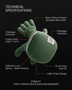 Tech specs infographic of the neck massager intensities, heat and battery