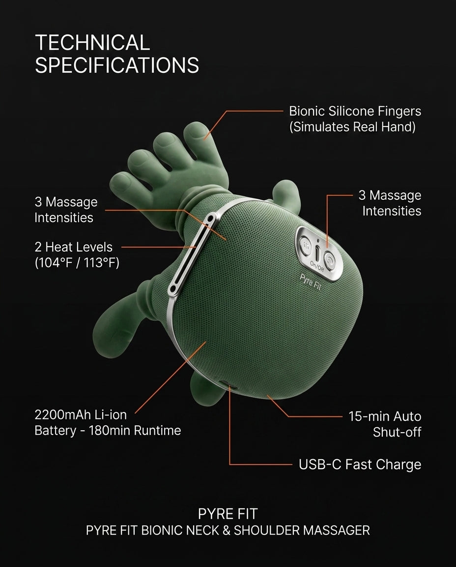 Tech specs infographic of the neck massager intensities, heat and battery