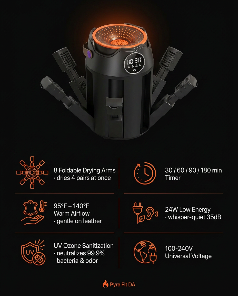 Spec graphic listing the shoe dryer's eight arms, timer and ozone sanitizing
