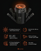 Spec graphic listing the shoe dryer's eight arms, timer and ozone sanitizing