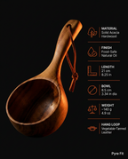 Spec sheet listing acacia material, finish, length and weight of the sauna ladle