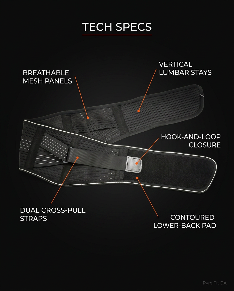Infographic labeling the belt's mesh panels, lumbar stays and hook-and-loop closure