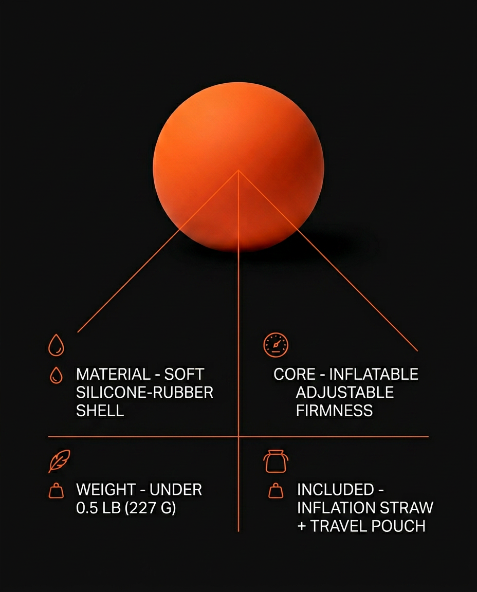 Mobility ball tech specs infographic listing material, weight, and accessories