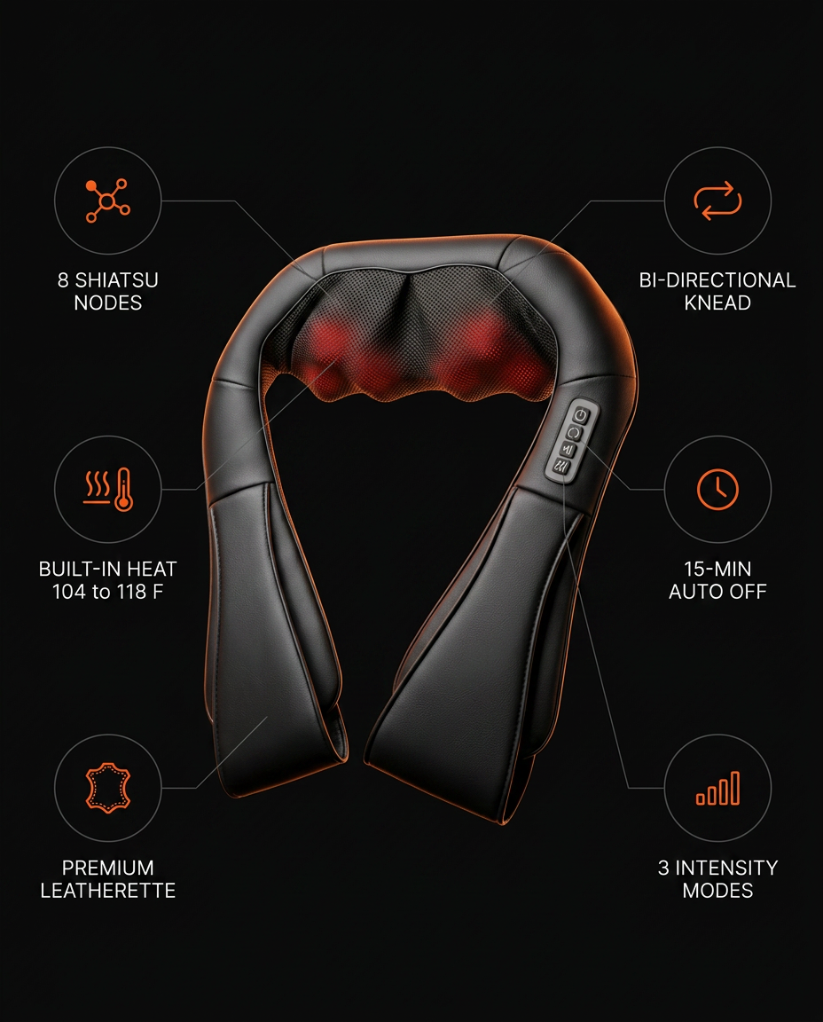 Tech specs infographic with shiatsu nodes, heat and intensity modes