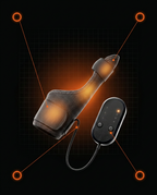 Tech spec callout of the heated hand wrap and control pod on dark grid