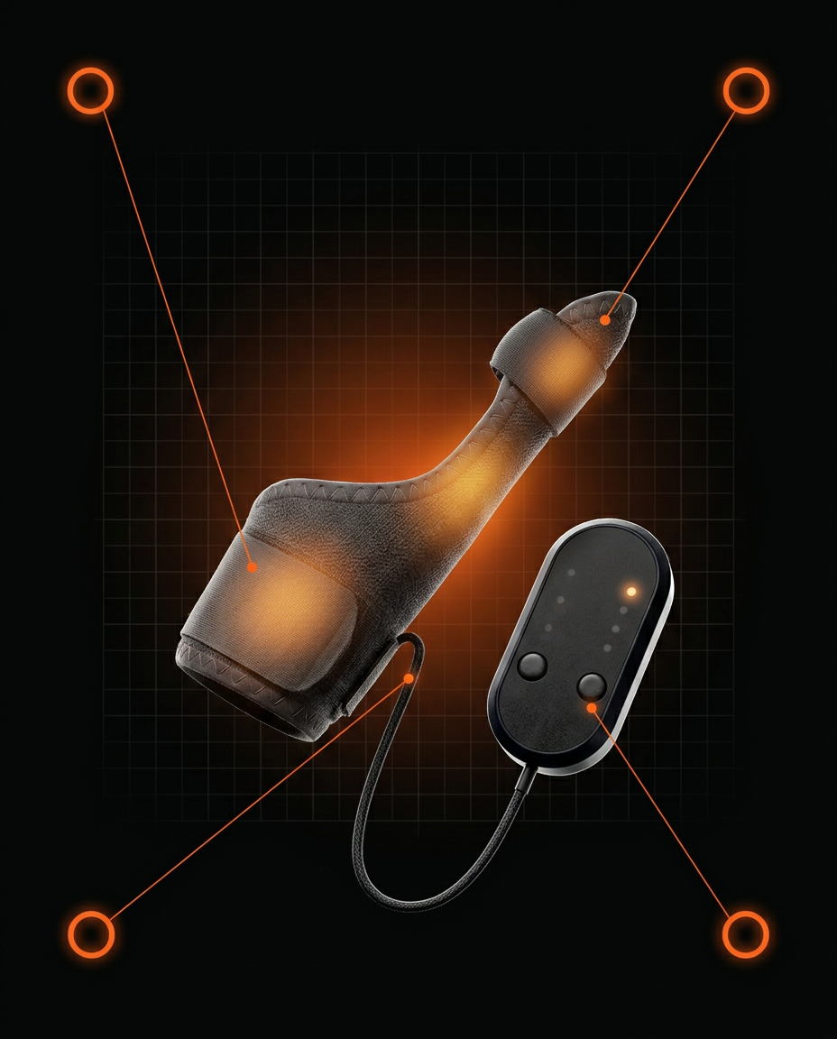 Tech spec callout of the heated hand wrap and control pod on dark grid