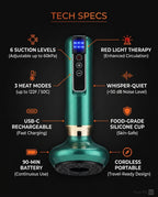 Tech specs for the cupping massager: six suction levels, heat and red light