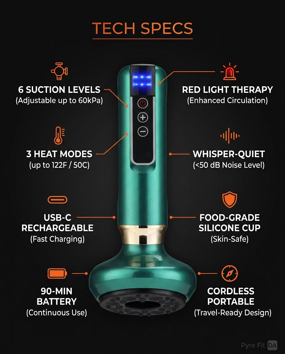 Tech specs for the cupping massager: six suction levels, heat and red light