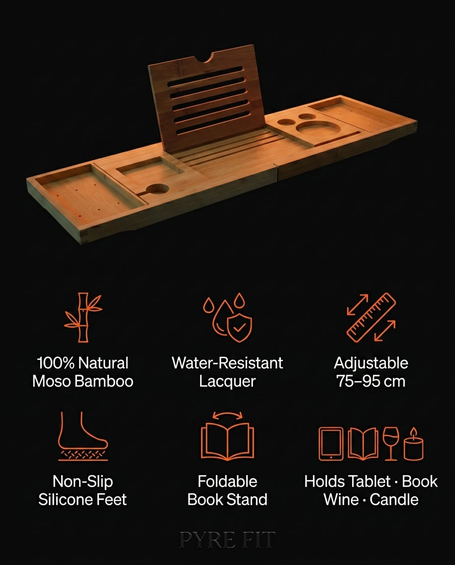 Tech specs infographic with bamboo bath caddy features on black