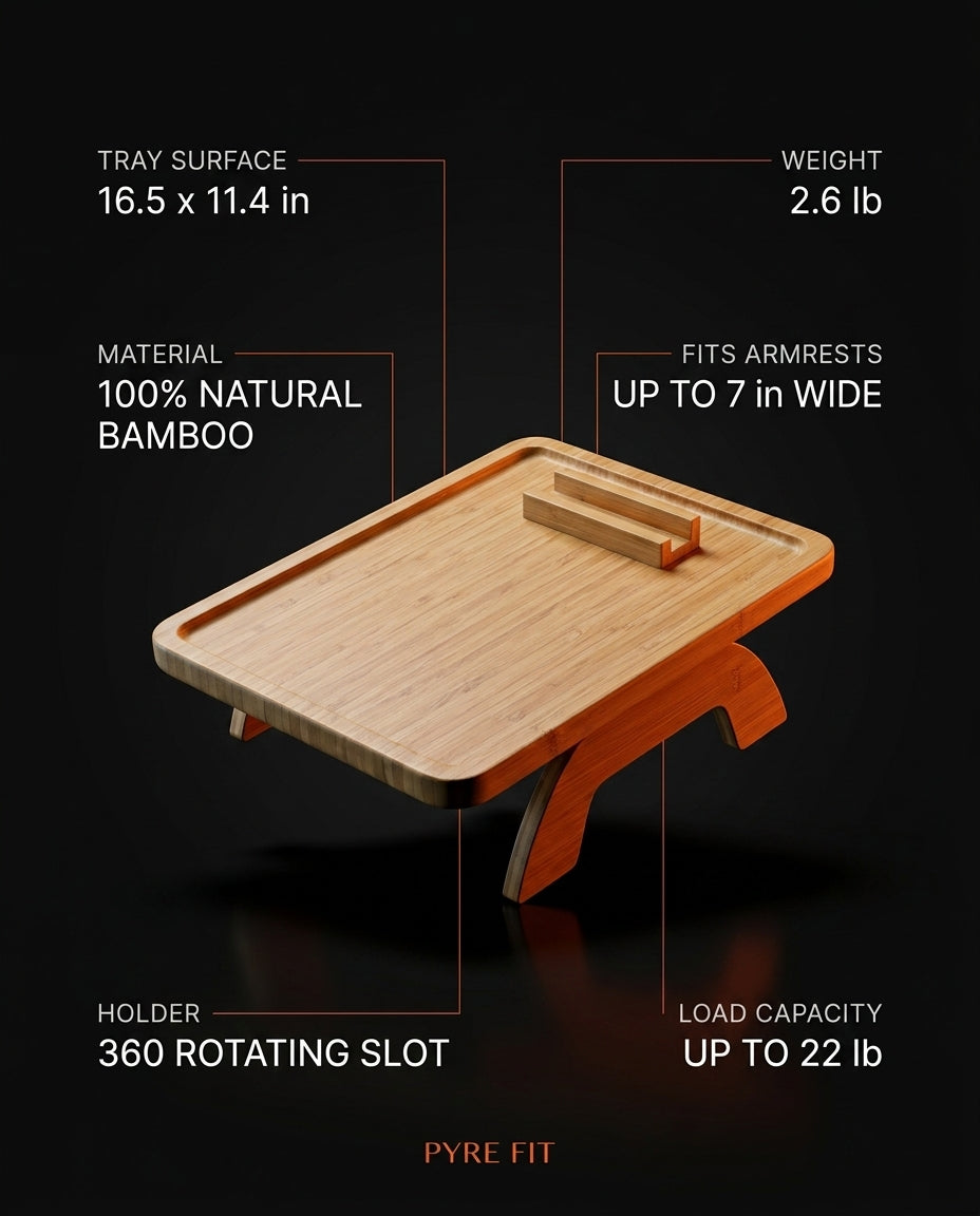 Spec infographic with dimensions and capacity of the bamboo arm tray