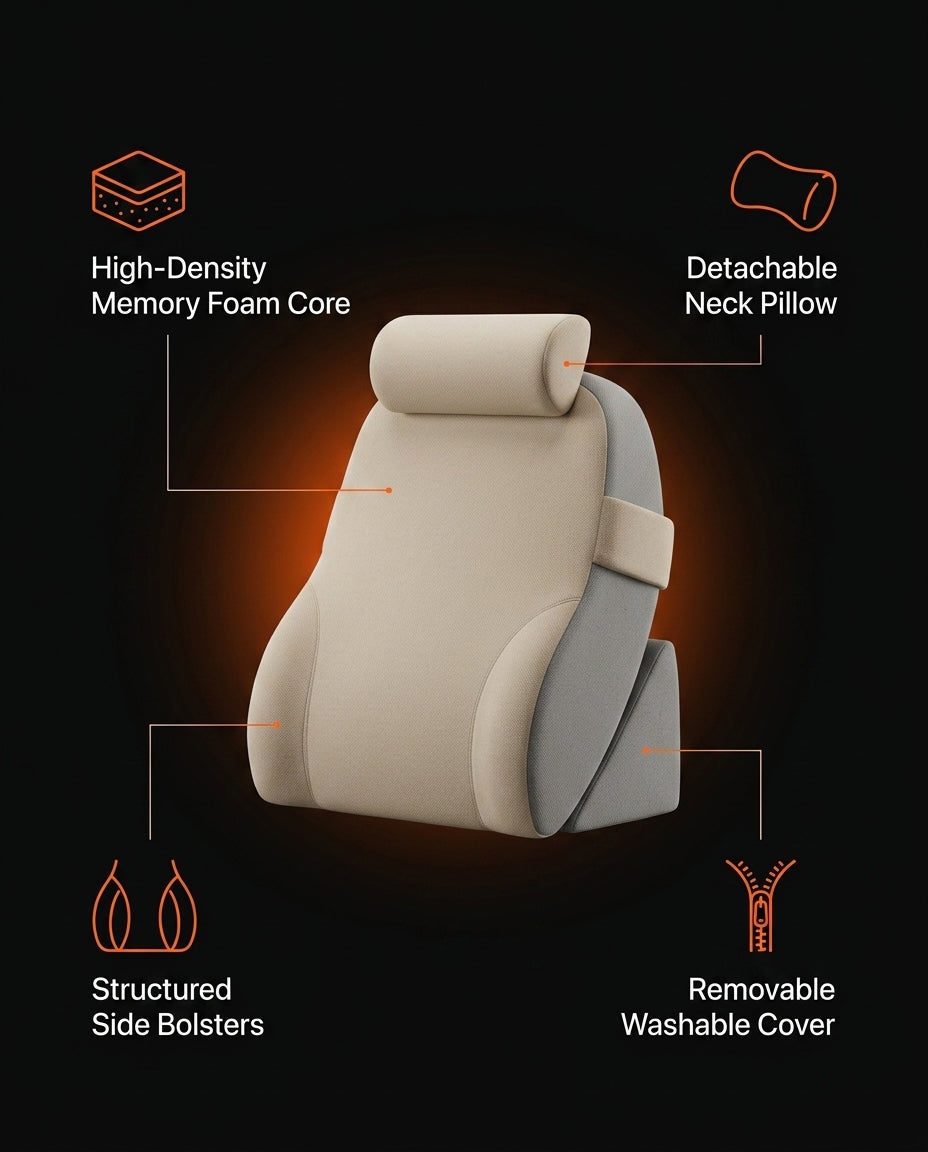 Tech spec infographic: memory foam core, neck pillow, side bolsters, washable cover