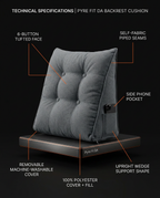 Tech specs infographic labeling the grey tufted backrest cushion features