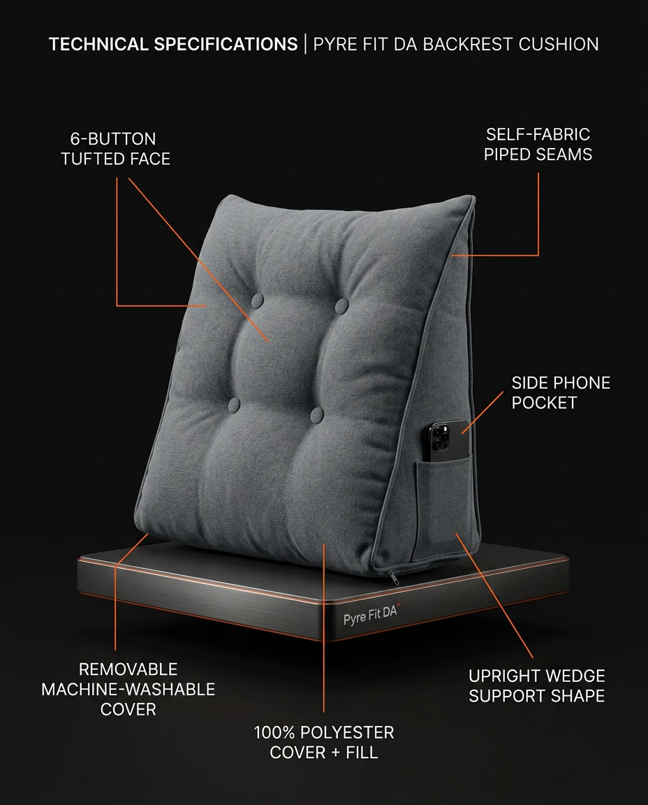 Tech specs infographic labeling the grey tufted backrest cushion features