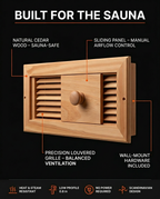 Spec callouts on the cedar sauna vent's grille, sliding panel and mounting