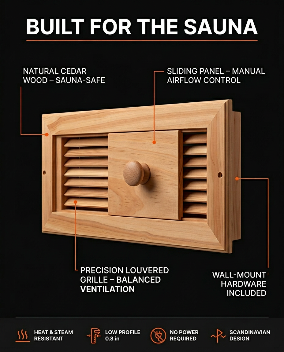 Spec callouts on the cedar sauna vent's grille, sliding panel and mounting