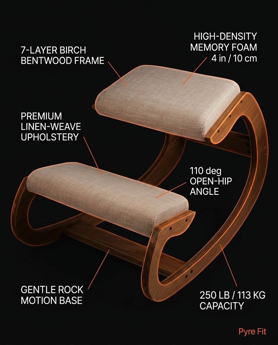 Tech specs infographic labeling the kneeling chair frame, foam and hip angle