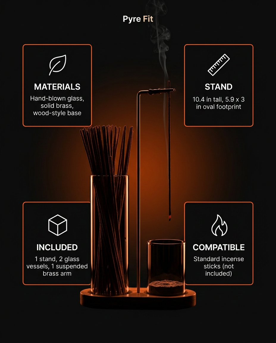 Spec sheet for the incense holder set: materials, stand size, included parts, compatibility