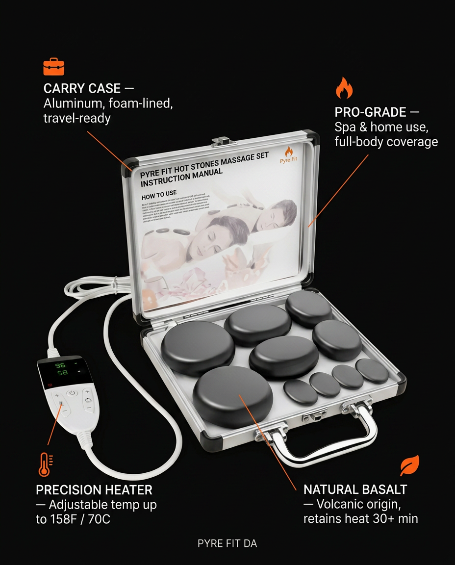 Hot stone set infographic noting basalt stones, heater case and coverage