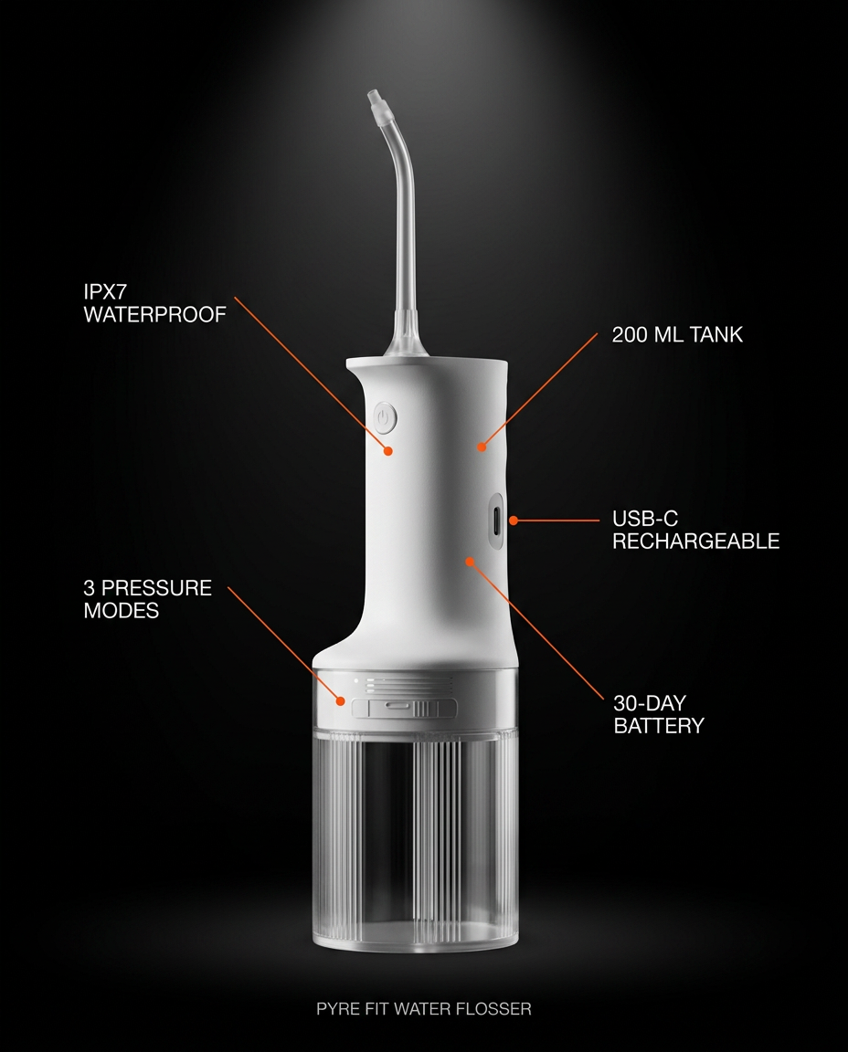Tech spec infographic of the portable IPX7 cordless water flosser