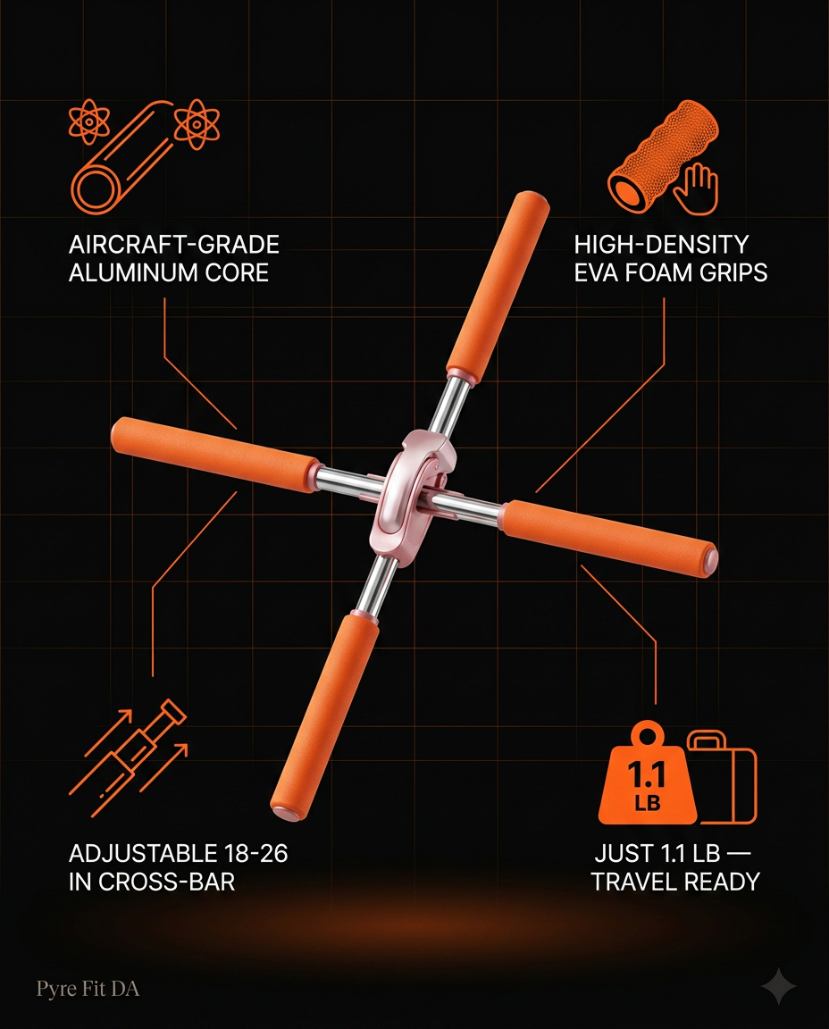 Posture stick spec chart: aluminum core, EVA foam grips, adjustable, 1.1 lb
