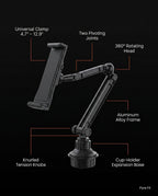 Spec graphic labeling the mount's clamp, pivoting joints and cup-holder base