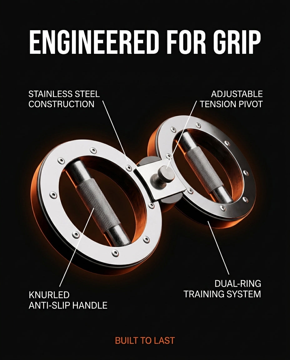 Tech specs of the dual-ring grip trainer with labeled steel construction and pivot